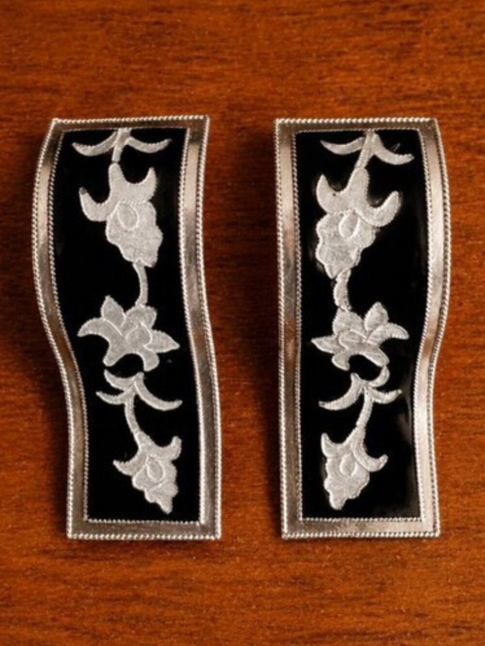 Vintage 925 Sterling Silver Curved Black Enamel Statement Earrings